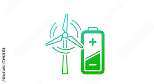 Wind turbine and battery, illustrating renewable energy storage for a sustainable and ecofriendly power supply