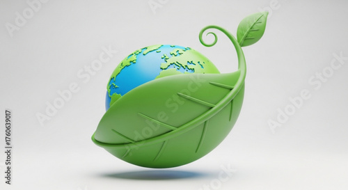 A captivating 3d render showcases a vibrant green leaf gracefully embracing a miniature earth globe, symbolizing environmental consciousness and sustainability