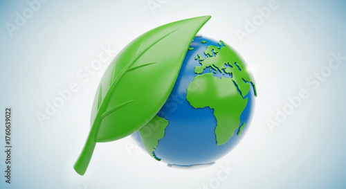 A captivating 3d render showcases a vibrant green leaf gracefully embracing a miniature earth globe, symbolizing environmental consciousness and sustainability