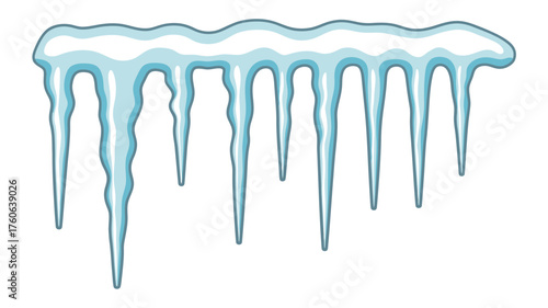 Row of sharp blue icicles hanging from a snowy ledge