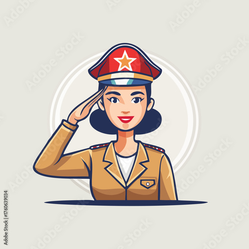 Saluting Military Woman in Uniform with Starred Hat.