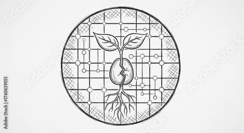 A captivating sketch showcases a seedling emerging from a seed within a digital grid, symbolizing the fusion of nature and technology