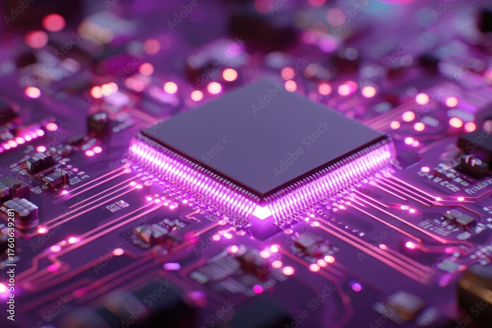 Fototapeta premium Close-up of a glowing purple circuit board with central processor