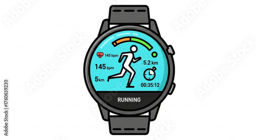 Illustration of a smartwatch displaying fitness data, represents health tracking, running, heart rate, and distance monitoring during exercise