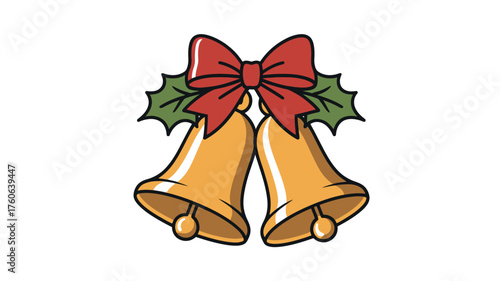 Golden christmas bells with red bow and holly leaves