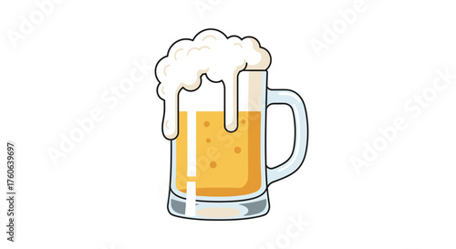 Mug of beer with foam overflowing on white background