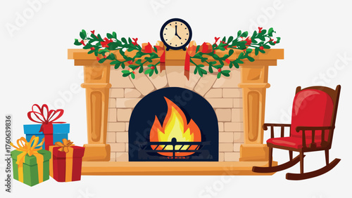 Cozy christmas fireplace with gifts and rocking chair