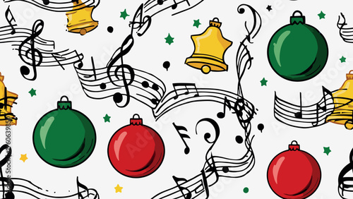 Christmas ornaments and musical notes seamless pattern background