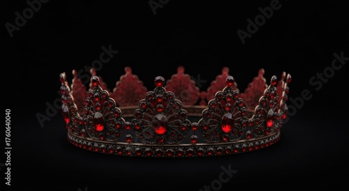 Ornate dark metal crown adorned with numerous sparkling red jewels on a black background