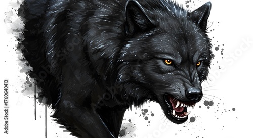 Intense black wolf with fierce golden eyes and bared teeth, perfect for fantasy projects or wildlife illustrations, evoking power and raw natural beauty