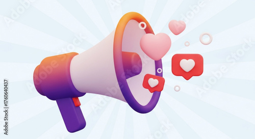 3d rendering of a megaphone with hearts and like icons floating around on a radial background, symbolizing social media marketing and promotion