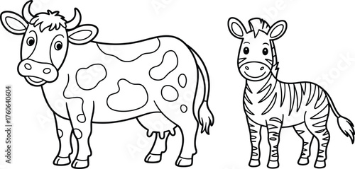 Cute cartoon cow and zebra standing together, black and white line art drawing for kids coloring page, farm and safari animals illustration