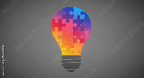 Light bulb made of colorful jigsaw puzzle pieces symbolizes creativity, innovation, problemsolving, and the power of collaboration and teamwork