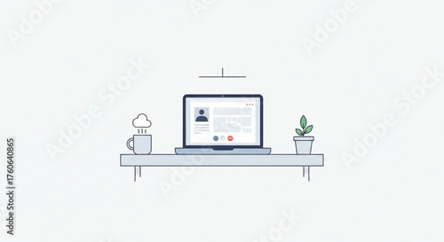 A minimalist illustration of a laptop on a desk with a video call interface, a plant, and a cup, , representing remote work
