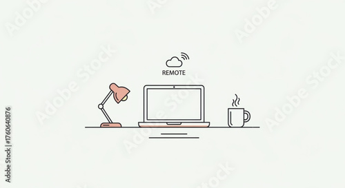 A minimalist illustration of a laptop, lamp, and coffee cup on a desk, , symbolizing remote work and a productive workspace