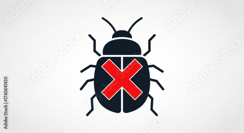 Bug with a red cross concept of antivirus, malware, spyware, and other computer viruses vector illustration