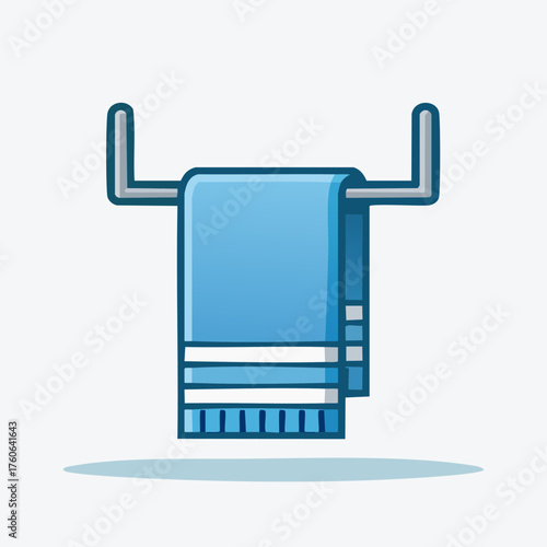 Blue Towel Hanging on a Metal Rack in a Bathroom.