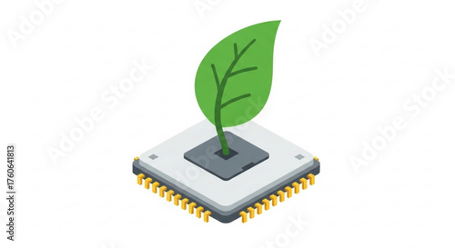 Isometric illustration of a microchip with a green leaf growing out of it, symbolizing sustainable technology and ecofriendly innovation