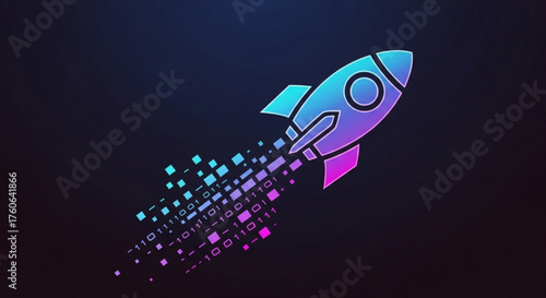 Stylized rocket ship launching with a trail of binary code, representing technological advancement and digital transformation in a modern design