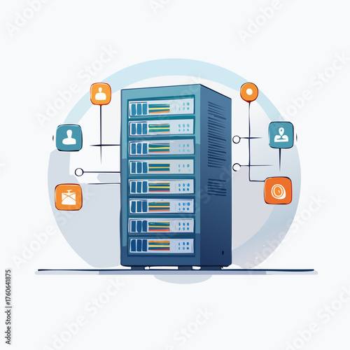 Data center server rack hosting network information technology.
