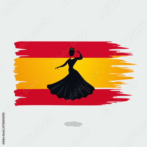 Flamenco Dancer Silhouette on Spanish Flag Brush Stroke.