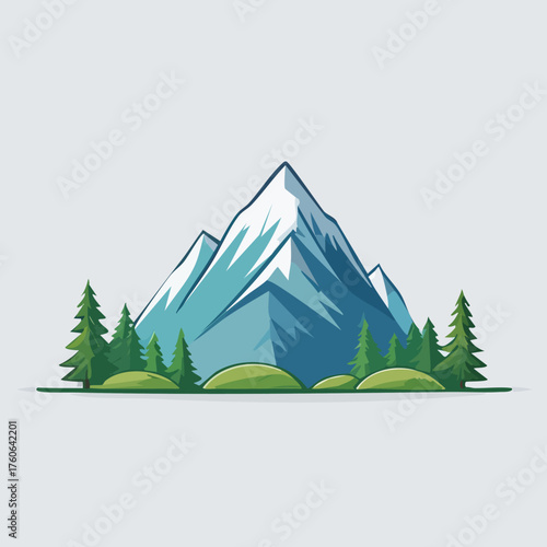 Majestic mountain range with snow-capped peaks and evergreen trees.