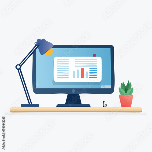 Modern Desktop Computer Setup with Desk Lamp and Plant.