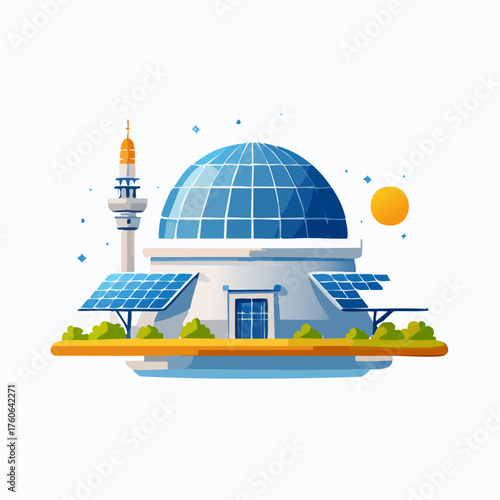 Modern Mosque with Solar Panels and Glass Dome.