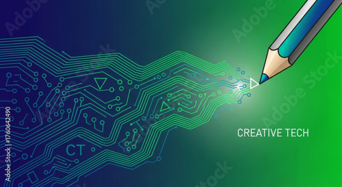 Pencil drawing a circuit board on a colorful background, symbolizing the fusion of creative tech and innovative design in the digital age