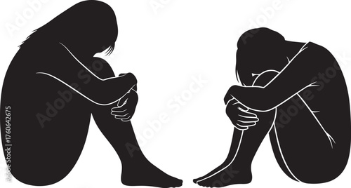 sad human figures in a huddled pose silhouette isolated on transparent background
