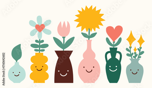 Mental health, psychology concept. Self love, mind care, help, acceptance. Happy heads looking like vase of flowers, with healthy mindset, psychotherapy, wellbeing. Flat graphic illustration