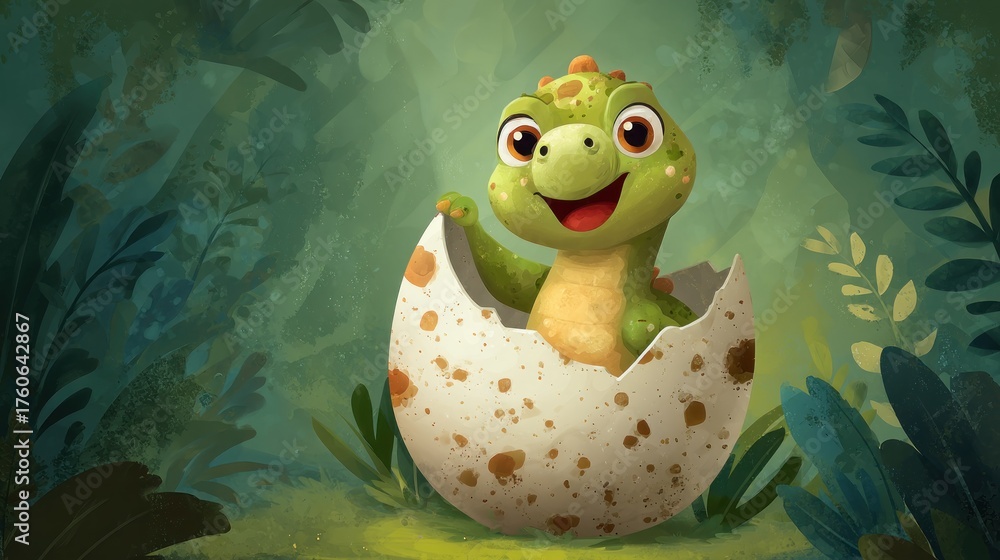 Obraz premium Adorable baby dinosaur hatching from a speckled egg amid lush foliage