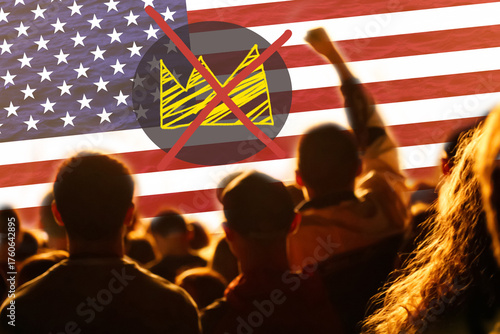 Massive No Kings anti-Trump protests across US cities: 7 million people rally against immigration policy and military use. Flag USA on background