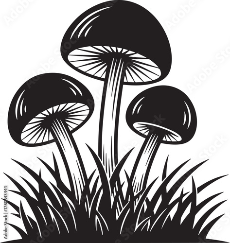 Three black mushroom silhouette isolated on transparent background