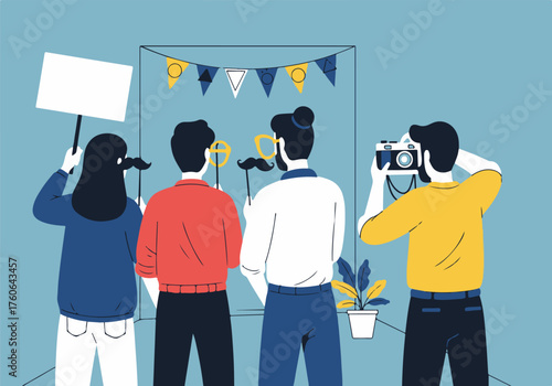 Photo Booth Fun Friends Taking Pictures with Props at a Celebratory Event