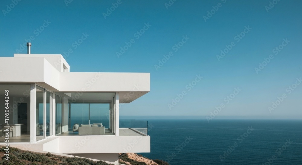 Fototapeta premium Sleek white modern house with floor-to-ceiling windows overlooking a vast blue ocean