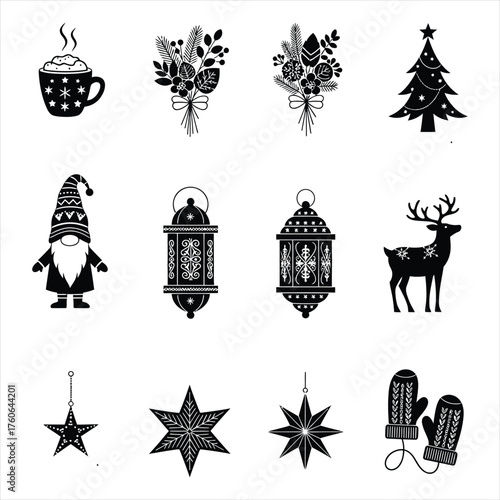 Festive holiday icons set featuring hot cocoa gnome lanterns deer mittens stars and ornaments