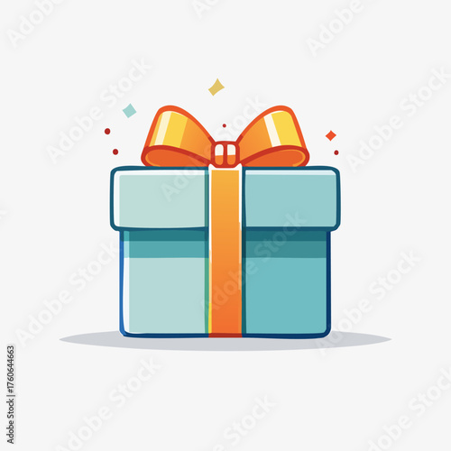 A light blue gift box with an orange ribbon and bow.