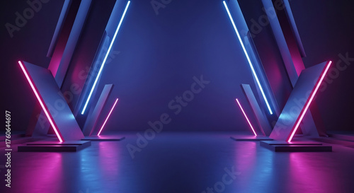 Futuristic Neon Lighted Stage with Abstract Geometric Shapes.