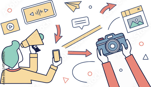 Creative content creation concept with megaphone and camera for digital marketing strategy