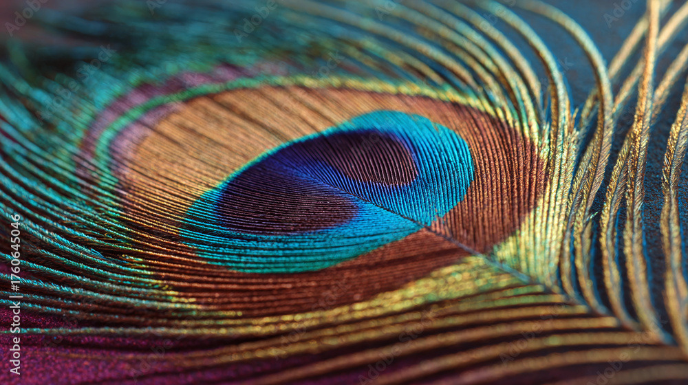 Fototapeta premium Closeup sacred beautiful peacock feather as symbol of Hindu god Lord Krishna. Krishna Janmashtami, Govardhan Puja. Indian culture and religious concept. Background with copy space for banner, poster