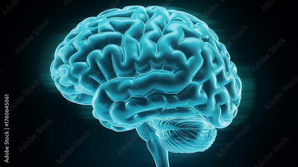 Obraz premium Glowing Blue Human Brain on Black Background