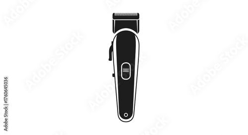 A black silhouette of a modern electric beard trimmer or hair clipper with a white on off switch and charging indicator light