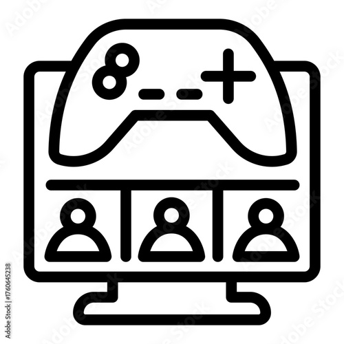 Monitor screen with users and joystick line icon, multiverse concept. Vector graphics. In game assets, gaming sign on white background, style icon mobile or web design.