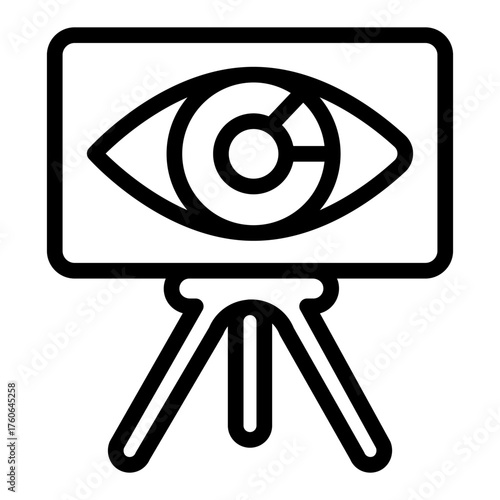 Tripod easel with eye line icon, multiverse concept. Vector graphics. Famous person artwork canvas sign on white background, style icon mobile or web design.