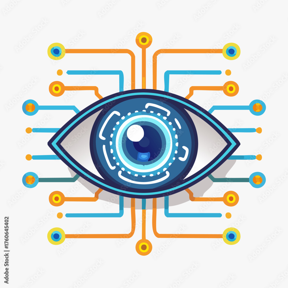 Obraz premium Digital Eye with Circuit Board Connections Representing Artificial Intelligence and Data Processing.