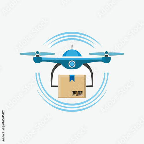 Drone delivering a package with blue circular waves indicating wireless connection.