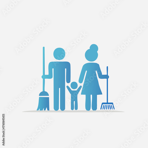 Family Cleaning Together With Brooms Icon.