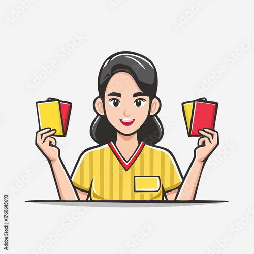 Female Referee Holding Red and Yellow Cards Smiling.
