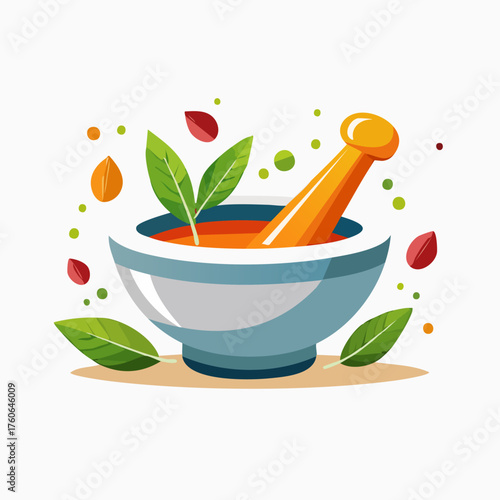 Herbal Medicine Preparation Mortar and Pestle with Leaves.